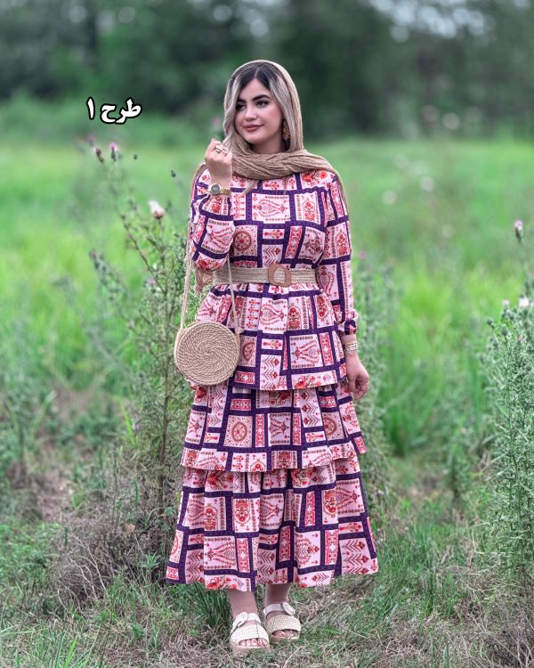 پیراهن طبقه ای چین دار با کمربند کنفی کد g992