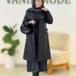مانتو جلو باز چرم بلند یقه انگلیسی h459