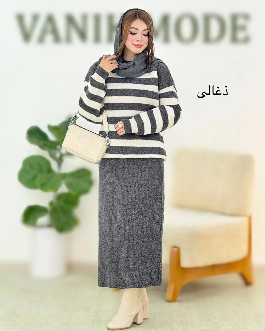 ست بلوز راه راه و دامن چاکدار کد h662_3 ست بلوز راه راه و دامن چاکدار کد h662