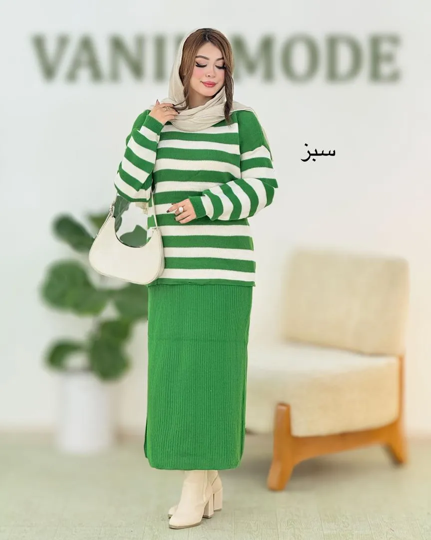 ست بلوز راه راه و دامن چاکدار کد h662_5 ست بلوز راه راه و دامن چاکدار کد h662