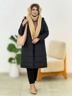 کاپشن بلند کلاهدار جلو جیب کد h608