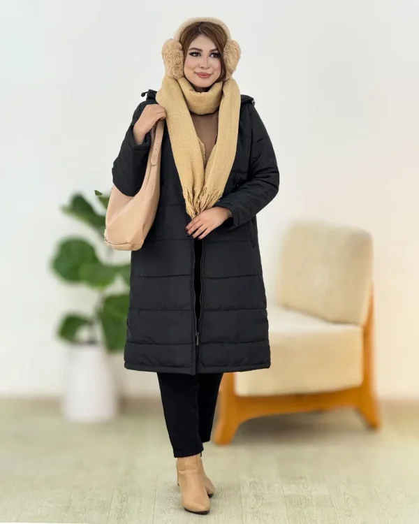 کاپشن بلند کلاهدار جلو جیب کد h608