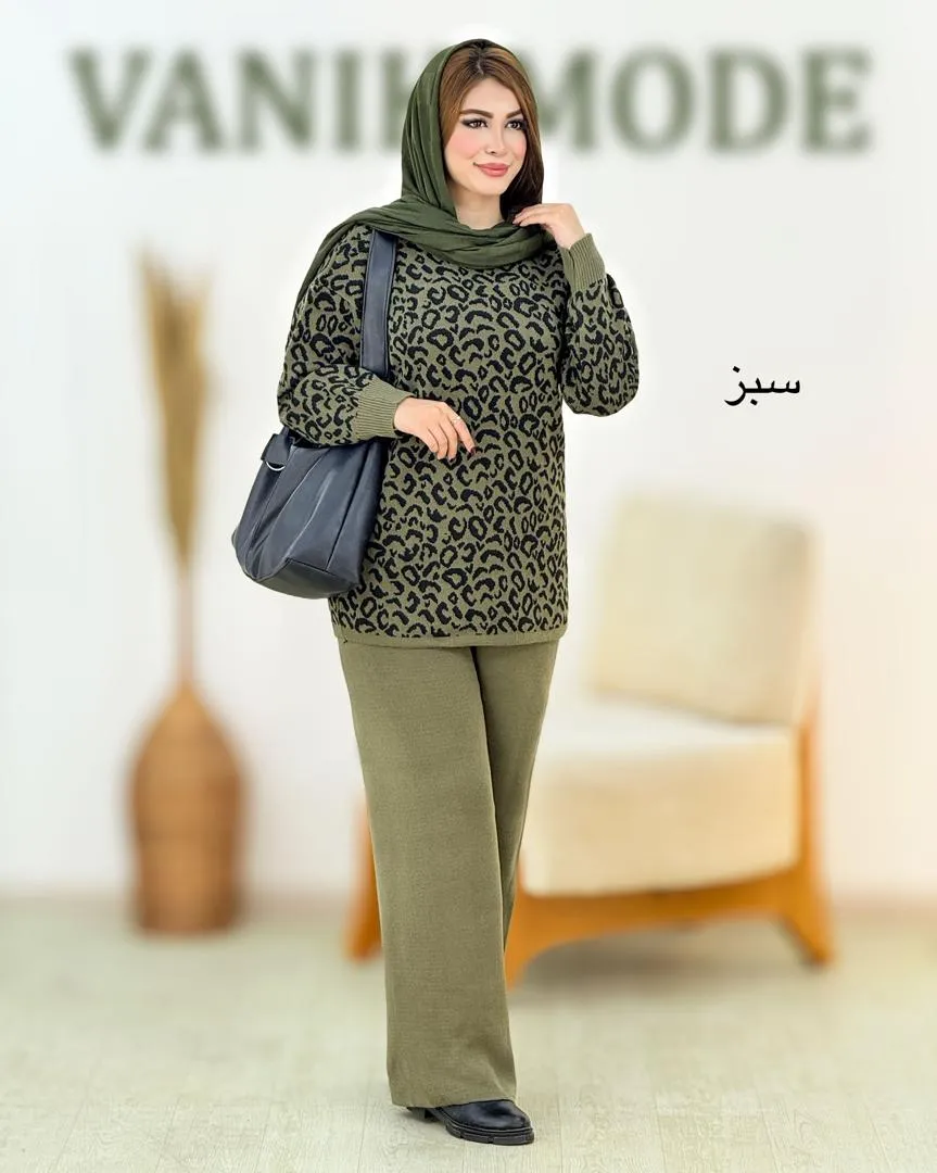 ست بافت بلوز پلنگی وشلوار نیم بگ کد h699 2 ست بافت بلوز پلنگی وشلوار نیم بگ کد h699